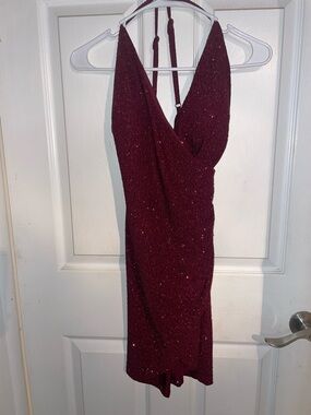 Speechless Sparkle Halter Mini Dress in Wine